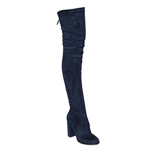 Hedda Graham Women's Thigh High Boots Drawstring Inside Zip Block Heel Snug Fit Over The Knee, Color Navy, Size:7