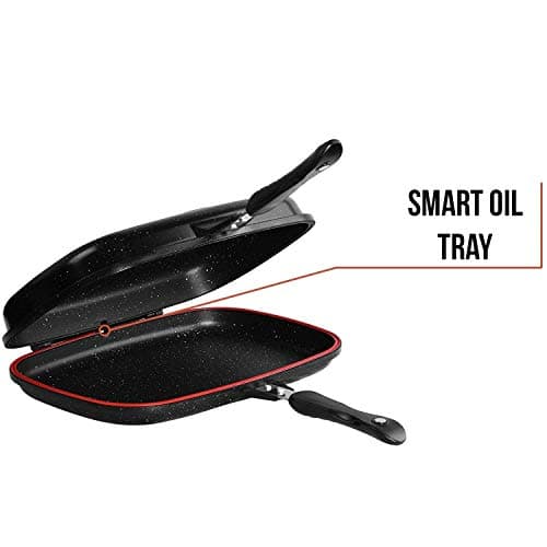 36 cm Double Sided Granite Marble Coated Die - Cast Non Stick Foldable Flipping Griddle Black Grill Frying Pan with Strong Magnetic Handle