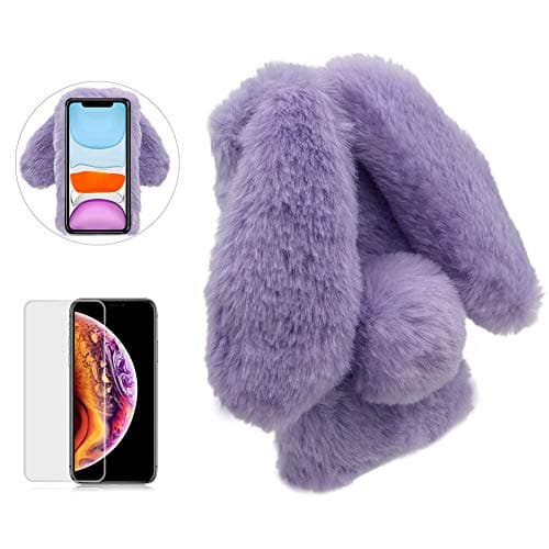 Case for iPhone 11 Pro Max 6.5 Inch,Girlyard Cute Cartoon Rabbit Ears [Plush Case] Stylish Lovely Furry Artificial Fur Bling Crystal Rhinestone Design Fluffy Warm Winter Soft Hair Plush Cover-Purple
