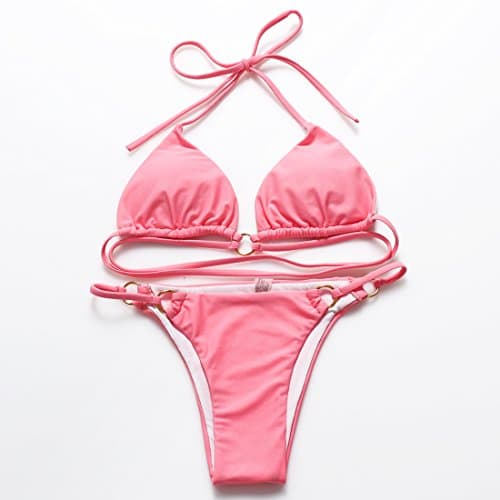 HERKINI Women's Tie Side Bottom Push Up Padded Top Triangle Bikini Bathing Suit (M, Hot pink)