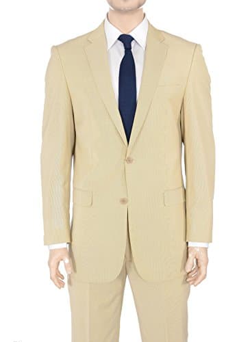 Mens Modern Fit Beige Tan Striped Two Button Wool Silk Blend Suit