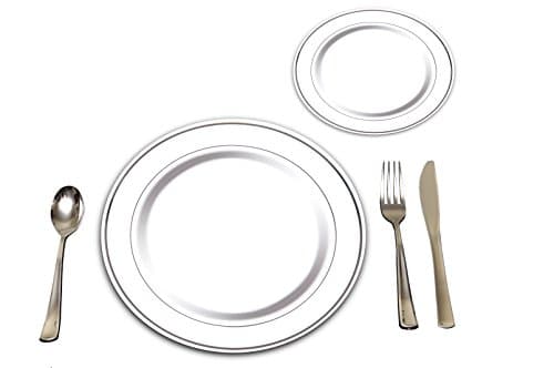 Precisely Plastic 25 Heavyweight Elegant Plastic Disposable Place Settings: 25 Dinner Plates, 25 Salad or Dessert Plates & 25 Polished Silver Plastic Forks Knives & Spoons