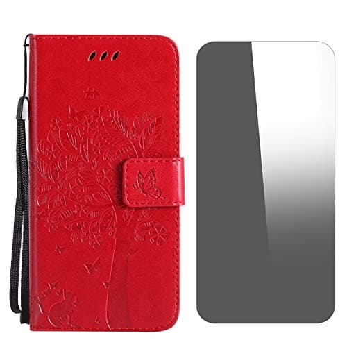 iPod Touch 5th / 6th Generation Case, Conber Shockproof Leather Wallet Flip Case Cover + (Free Screen Protector), Vintage Emboss Tree and Cat Case for Apple iPod Touch 5th / 6th Generation - Red