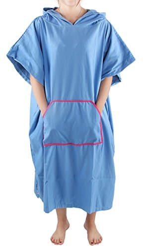 Thin Microfiber Surf Wetsuit Changing Poncho Towel with Hood &amp; Front Pocket &amp; Zip Pocket – One Size Fit All - Lightweight &amp; Easy to carry ( 2 Colors ) (Blue)