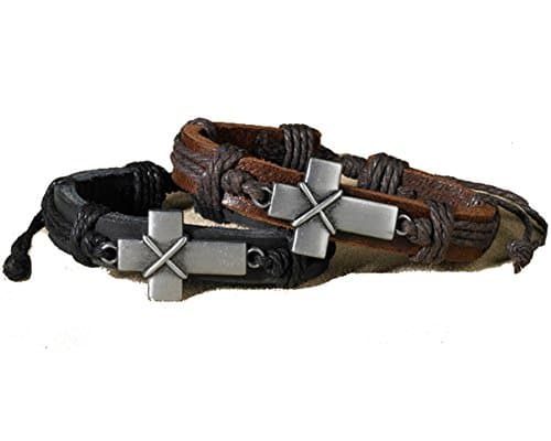 Stylish Bold Adjustable Cross Leather Bracelets - 2 Per Order - Brown & Black