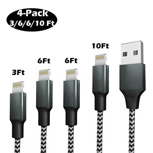 Lightning Cable, TIYI 4-Pack 3/6/6/10ft Nylon Braided for iPhone7/7 Plus 6/6s Plus 5s/5c/5, iPad Pro Air 2, iPad mini 4 3 2, iPod touch 5th gen / 6th gen / nano 7th gen