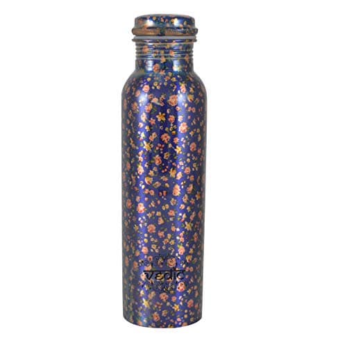 Vedic Modern Art Printed Ethically Handmade Copper Bottle for Home and Kitchen (Blue Flower)