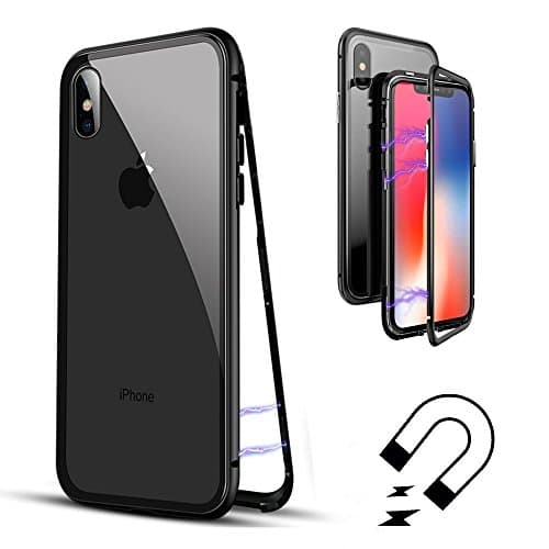 iPhone X Case, TUPELO Ultra-Thin Lightweight Case [Magnetic Adsorption Technology] [Metal Frame Tempered Glass Back] [Support Wireless Charging] (Black Frame + Clear Back)
