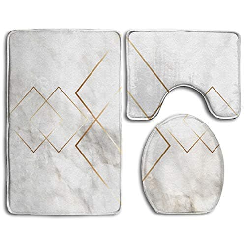 Fallake Bath Mat,3 Piece Bathroom Rug Set,Gold Marble Non Slip Toilet Seat Cover Set,Large Contour Mat,Lid Cover for Men/Women