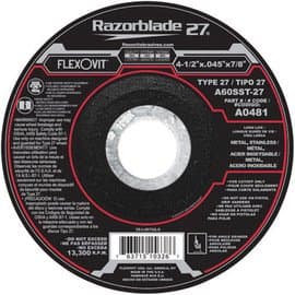 FlexOVit Wheel Cutoff 4-1/2"X.045"X7/8" Type 27 A60Sst-27 Razorblade 27 Long Life Metal Stainless For Angle Grinder For Cutoff Only Do Not Grind Depressed Center -1 Box of 25