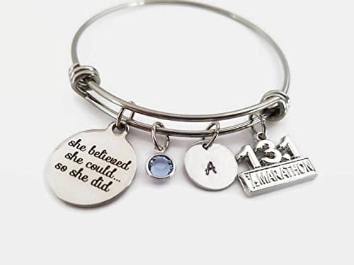 Runners bangle 13.1 race she believed she could so she did adjustable bracelet personalized with birthstone and initial