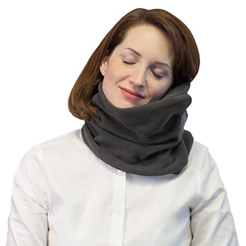 Travel Pillow with Neck Support - Temperature Control Breathable Material - Cozy Airplane Scarf Neck Wrap - One Size Fits All Velcro - Portable Lightweight Compact and Foldable - (Grey)