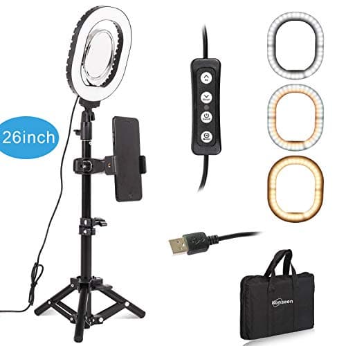 Portable LED Selfie Video Diva Ring Light Kit Dimmable Mini Led Lamp 7X6-inch with Tripod Stand & Cell Phone Holder for Tabletop Makeup Live YouTube Stream Photography Lighting in Carrying Bag