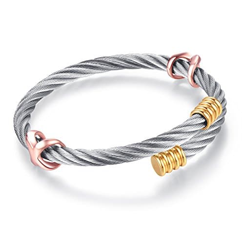 Adjustable Stainless Steel Twisted Cable Cuff Bangle Bracelet for Men Women Champagne Knot