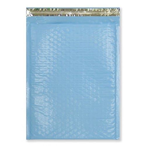 10.5 x 16 Designer Poly Bubble Mailers, Shipping Padded Envelopes, 10.5x15, Pink, Purple, Teal, Black, Orange, Blue, Yellow, Self Sealing With Custom Kissy Stickers (Pastel Blue, 10)