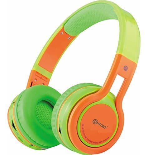 ContixoKB-2600 Kid Safe 85DB, Wireless Bluetooth LED Headphone with Volume Limiter, Microphone, and FM Radio (Green/Orange)