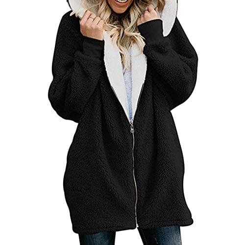 Moonuy Women Coat Womens Solid Oversized Zip Down Hooded Fluffy Coat Cardigans Outwear with Pocket Women's Winter Warm Loose Oversized Fleece Jacket Coat Outwear Plus Size