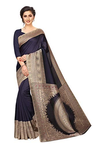 ETHNICMODE Indian Women's Khadi Silk Fabrics Multi-Colored Printed Sari with Blouse Piece (Fabric) Kalamkari 13 Navy