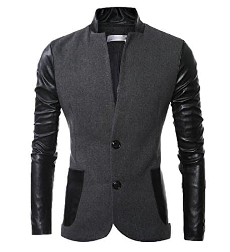Goocyber Men's Comfy Hit Color Button Classic Stand Collar Basic PU Leather Jacket Dark Grey M