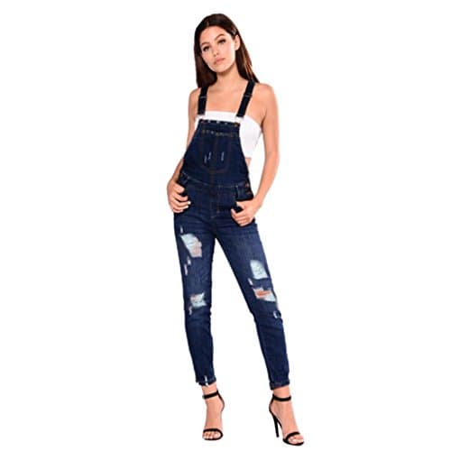 Qisc Jeans, Women's Adjustable Strap Ripped Distressed Hole Bib Stretch Overalls Jeans Demin Trousers (XXXL, Blue)