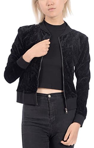 Guilty Embossed Velour Bomber w/ Front Zipper Closure and Cuffed Sleeves and Hem (Black, M)