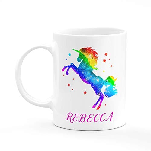 Personalized Rainbow Unicorn Coffee Mugs with Name, 11Oz, Custom Coffee Mug with Matching Coaster