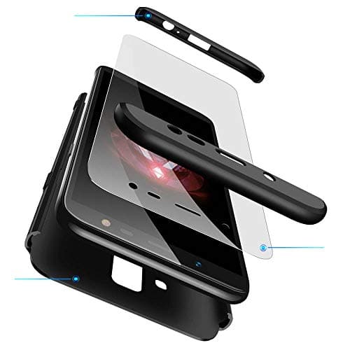 cmdkd Galaxy J8 2018 Case, 360 Degree Protection 3 in 1 Slim PC Cover Shockproof Shell Full Body Coverage Hard Protective Case + Tempered Glass Screen Protector for Galaxy J8 2018 Black