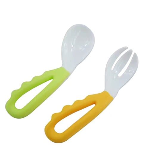2 Pcs Baby Kids Infant Self-feeding Flatware Training PP Bent Fork Spoon Set