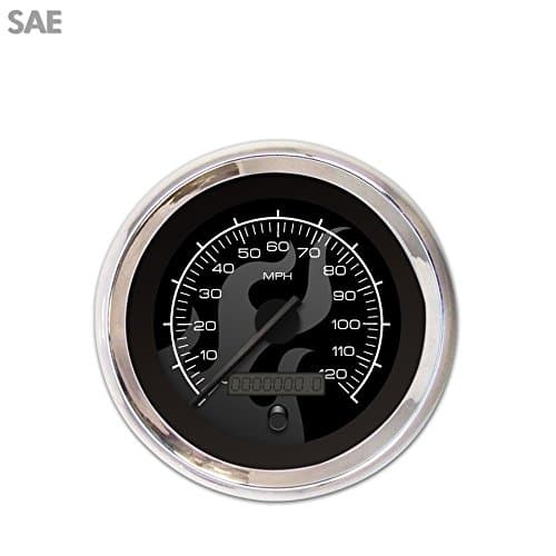 Speedometer Gauge - SAE Ghost Flame Black , Black Modern Needles, Chrome Trim 510 7.3 428 racing bbc model a dune buggy rzr chopper streetrod accessory parts small block hot rod amp jdm formula