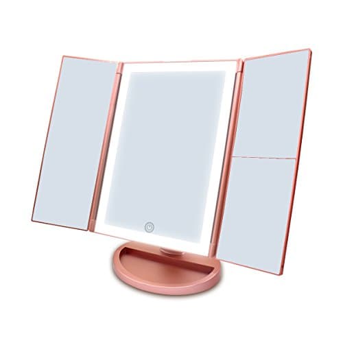 Newest 36 LED Nature Daylight Tri-Fold Lighted Vanity Makeup Mirror with Touch Screen Dimming and 1X/2X/3X Magnification Mirror,Countertop Cosmetic Mirror,180 Degree free Rotation (Rose Gold)