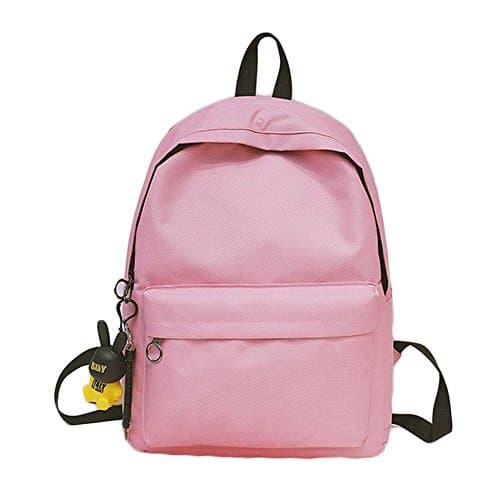 Fashfur Solid Color Joker Zipper Backpack With a Small Black Rabbit Pendant Accommodating 14 Inch Computer (Pink)
