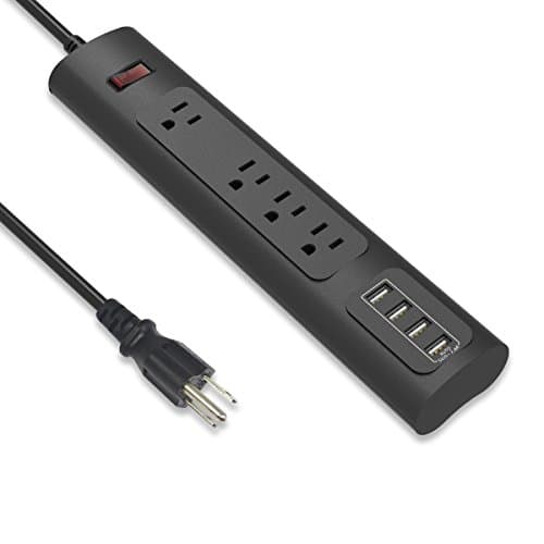 Surge Protector Power Strip with 4 AC Outlets &amp; 4 USB Charging Ports (3.4A Max), 6' Heavy Duty Extension Lead Cord for Home &amp; Office - Black