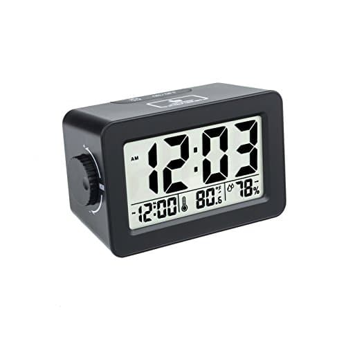 EWTTO Stylish Multifunction Easiest Set Alarm Clock Large LCD Display Ambience Temperature Humidity with USB Power Station for iPhone/Android Phone Adjustable Backlit Screen Make it Visible(Black)