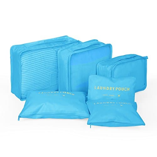 Yoonsic 6 Sets Packing Cubes for Travel/Trip - 3 Cubes + 3 Pouches + 4 Bonus Vacuum Bags - Organizers for Carry-on Luggage Clothing and Accessories (light blue)