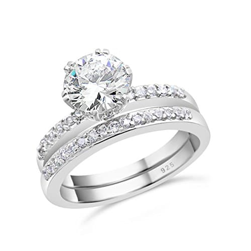 Sterling Silver Round Cut Double Band Engagement Ring Set - 6