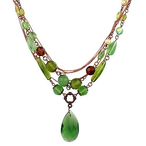 Multi Strand Multi Tone Glass Bead Teardrop Necklace (Green)