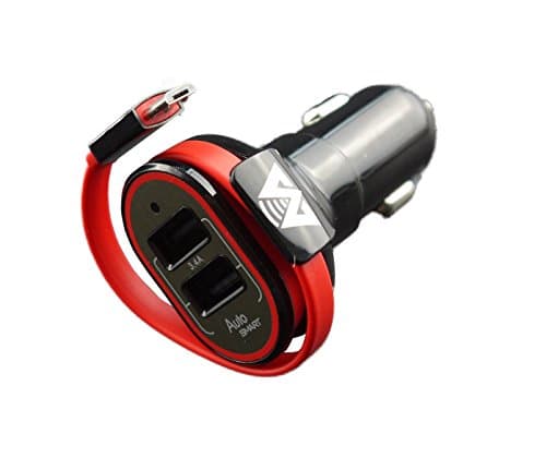 MobiTronics New V2 3.4A Dual-Port USB High Speed Car Charger with a Built-in 10" 2.1A Micro-USB Charge Data/Sync Cable - Smart Chip technology.ONE YEAR WARRANTY (Car Charger w/ Micro-USB Cable-Red)