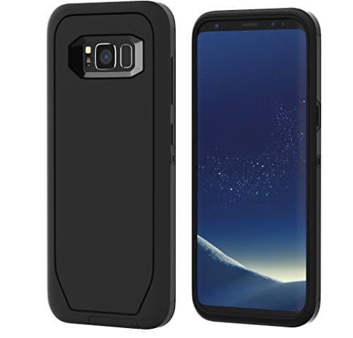 Galaxy S8 Armor Case Heavy Duty Protector Cover [DEFENDER] with 1-Pack Tempered Screen Glass Protector. Soft Inner and Hard Outer Layers - Black