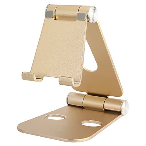 Multi Angle Adjustable Aluminum Phone Stand, Jusney Dual Foldable Portable Desk Stand Mount Holder for iPad, Kindle, iPhone, Nintendo Switch, SmartPhone, Tablet, and More - Gold