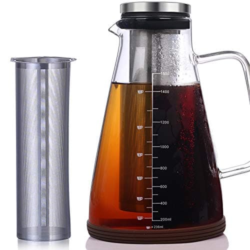 Large Cold Brew Iced Coffee & Tea Maker - 50 Oz/1.5L - Protective Non-slip Silicon Base - Glass Carafe and Water Pitcher with Removable Filter - Coffee and Tea Brew Recipe Included