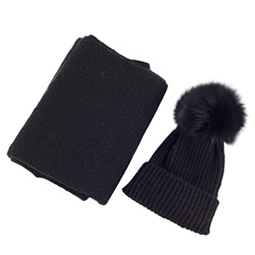 Warm Winter Wool Knit Hat and Scarf Set,Real Fox Fur Pom Pom Beanie Hats