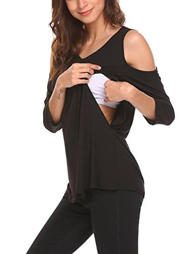 Thinkwell Pregnancy Modal 3/4 Sleeve Cold Shoulder Nursing Plus Size Tops Blouse Black Black Medium