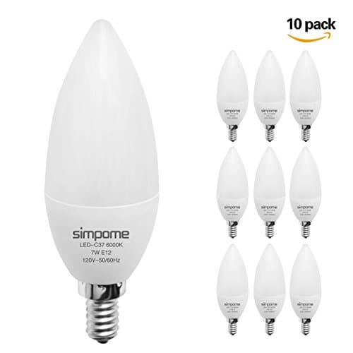 Simpome LED Candelabra Bulbs 7W E12 C37 (10 Pack), LED Candle Bulb 70Watt Replacement, Chandelier Light Bulbs Daylight White(5000K), LED Torpedo Bulb, Non-Dimmable,560 Lumens, 180 Degree Beam Angle