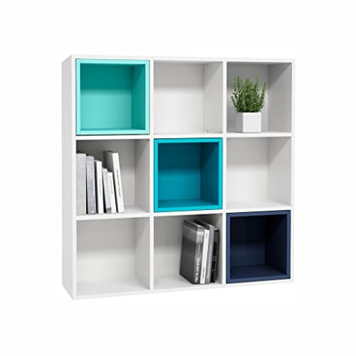 Mia Mobili Seba Square 9 Cube Storage Organizer/Bookshelf (White / Turquoise / Blue)