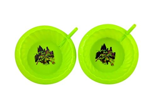 Nickelodeon Double Pack Plastic Sippie Bowls with Attached Straw and Slanted Edges, Green Teenage Mutant Ninja Turtles, 2-Pack (4 Bowls in Total)