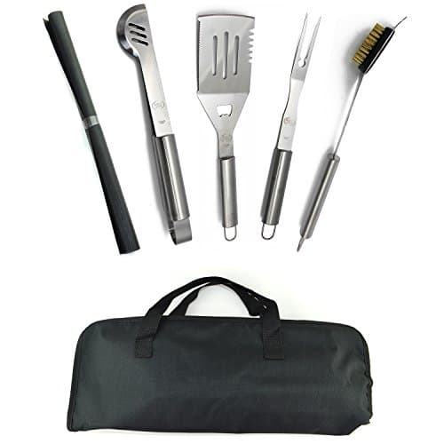Stainless Steel BBQ Grill Tools Set - 5 Piece Grilling Tool Accessories Barbecue Kit W/ Carry Bag and Silicone BBQ Mat (5)