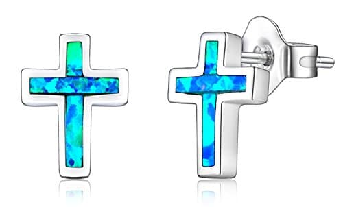 Sterling Silver Petite Cross Stud Earrings With Created Blue Opal - New Release