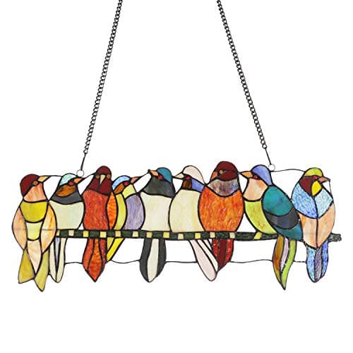 MELUCEE Stained Glass Panel Window Hanging 9 Birds 22.8 Inches Wide with Chain