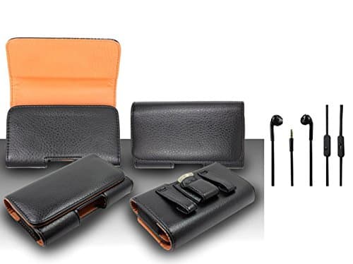 For Alcatel One Touch Pop Astro (T-Mobile) - Premium Classic Black Pebble Texture Leather Belt Case Clip Holster Pouch (Fit for With Slim Case Together) + 3.5MM Stereo Earphones
