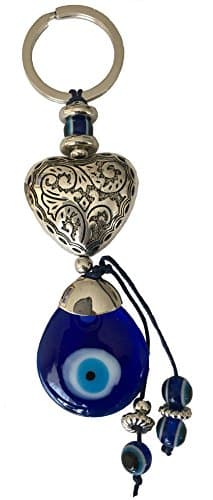 Blue Evil Eye Engraved Heart Amulet Keychain Ring for Protection and Blessing, Great Gift Idea